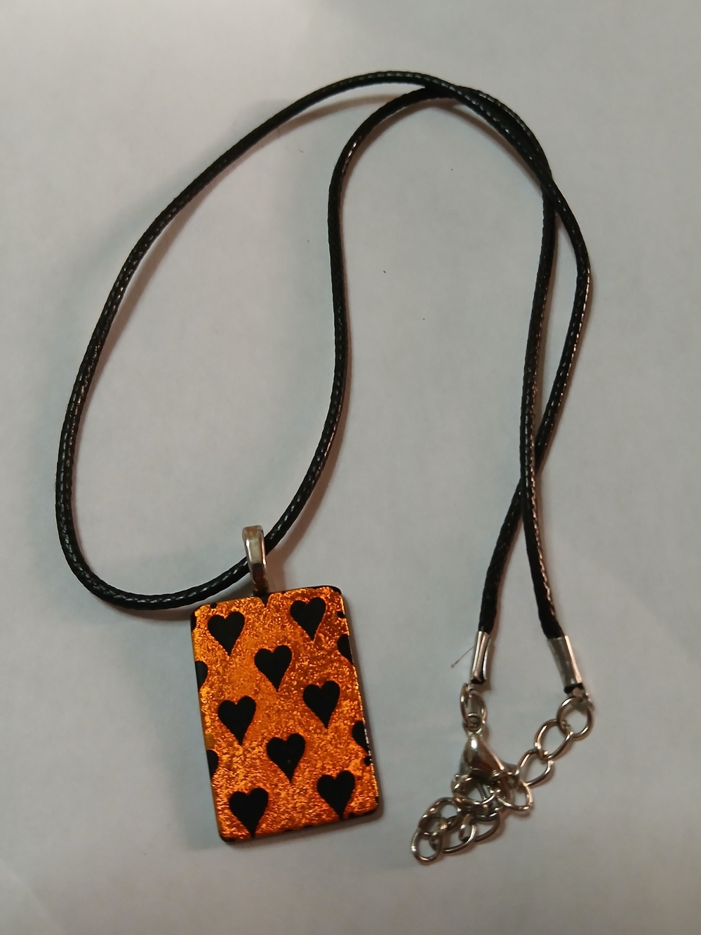 Black Cord Necklace with Orange Heart Pendant Dichroic
